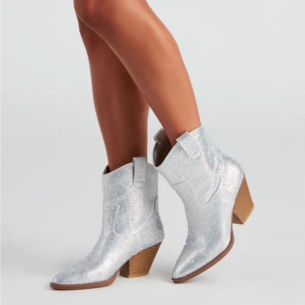 NEW Silver Western Style Bedazzled Cowboy Ankle Boots - Picture 3 of 16